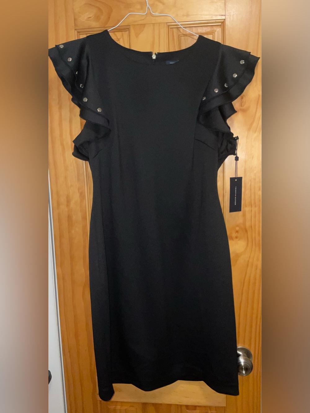 NWT Tommy Hilfiger Black Ruffle Sleeve Scuba Dress with Stud Details